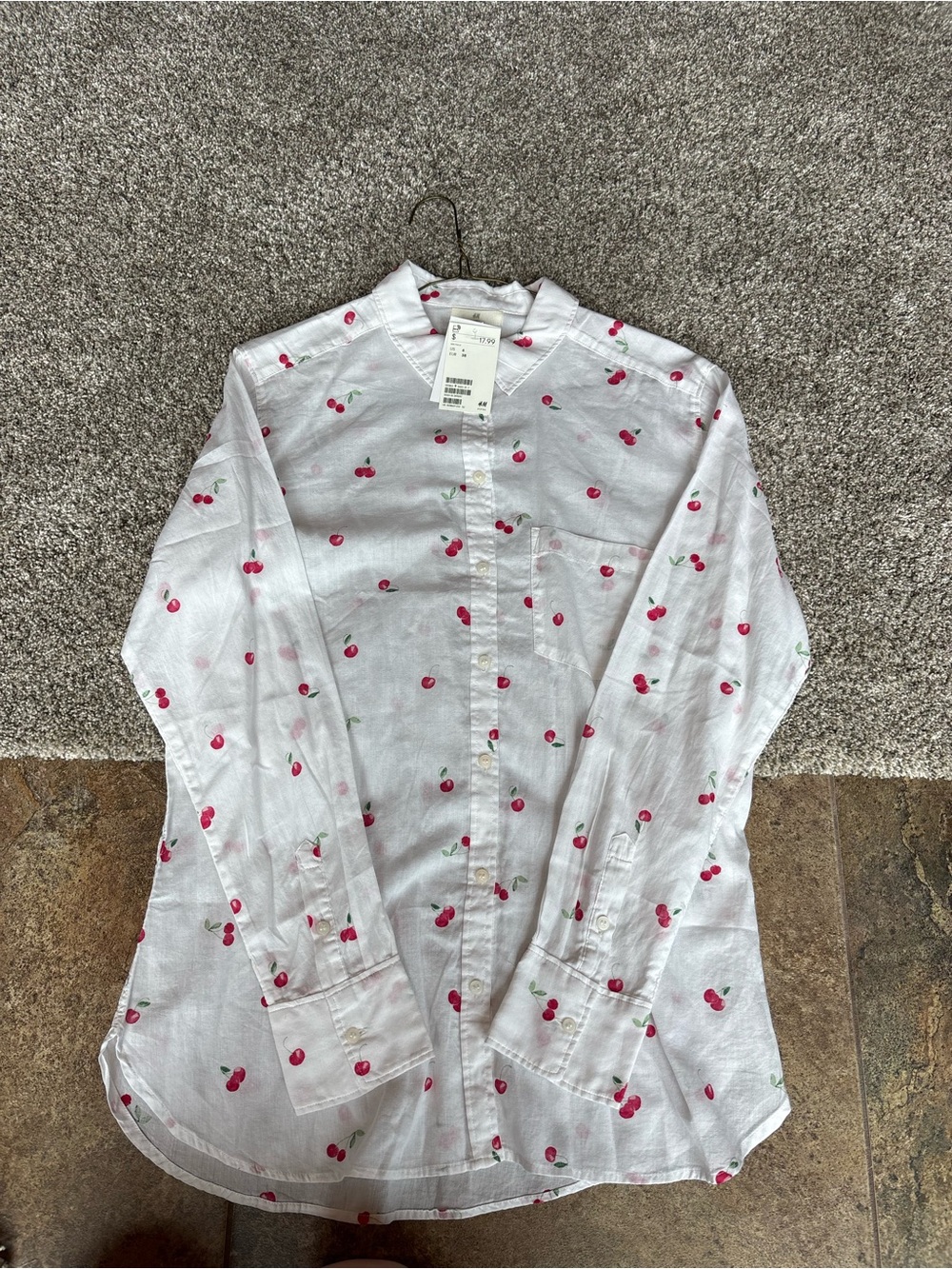 H&M White Cherry-Print Button Down Shirt